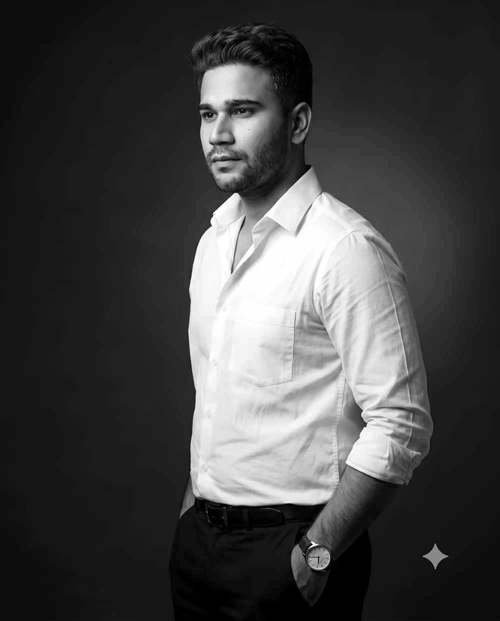 Vinayak Bhardwaj, black and white portrait.