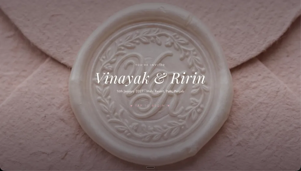 Wedding website screenshot: the envelope intro screen.