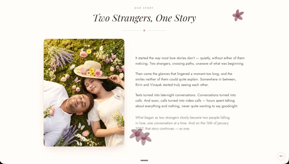 Wedding website screenshot: the couple's story section.